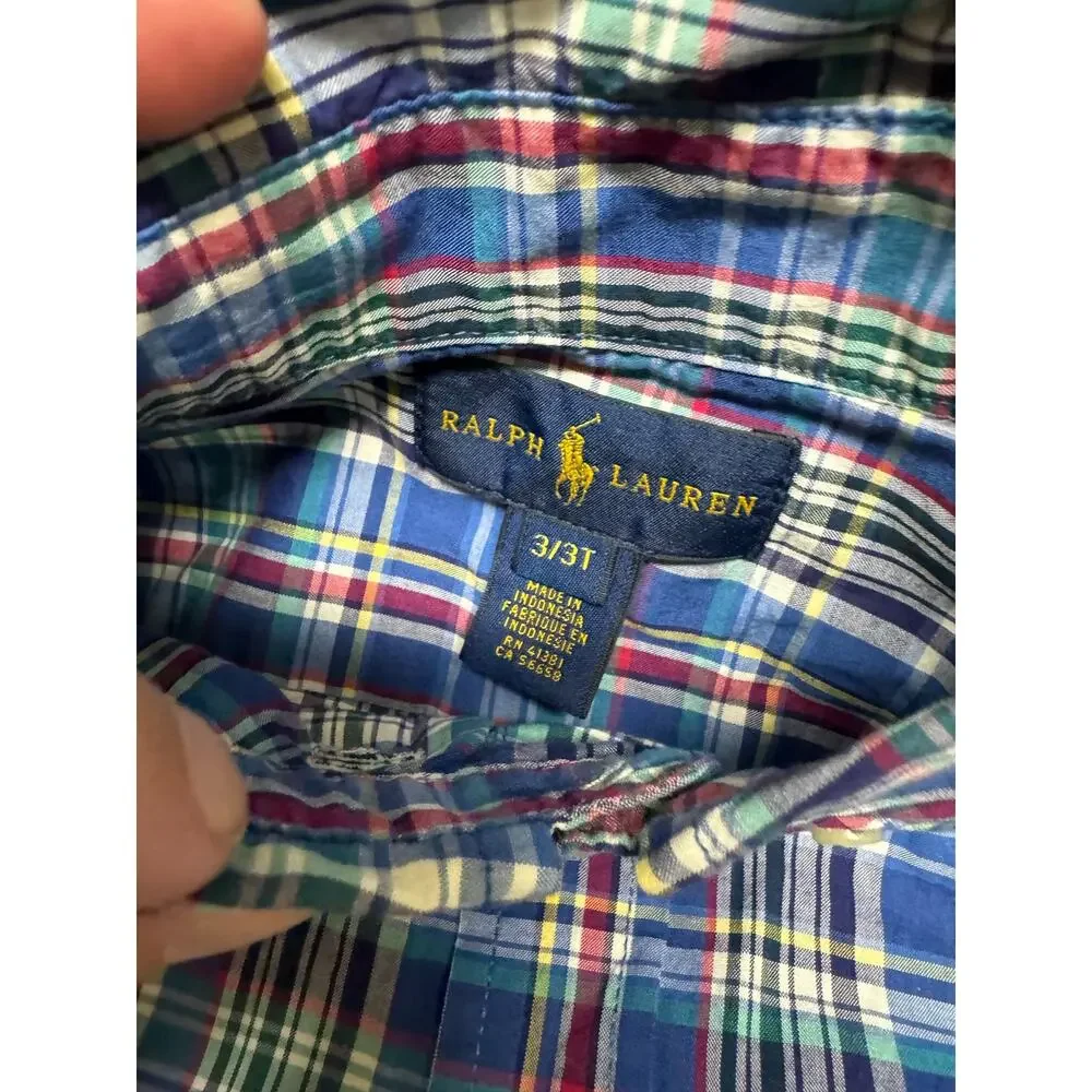 Ralph Lauren Boys Shirt Sz 3 3T‎ Blue Red Green Yellow White Plaid Long Sleeve